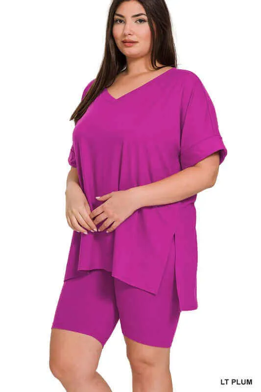 Plus Size Brushed DTY V Neck Top & Biker Shorts Set