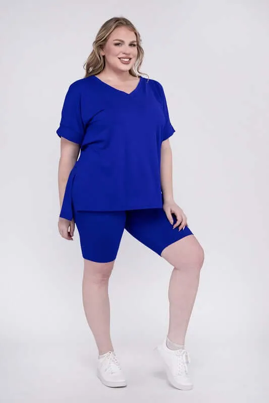 Plus Size Brushed DTY V Neck Top & Biker Shorts Set