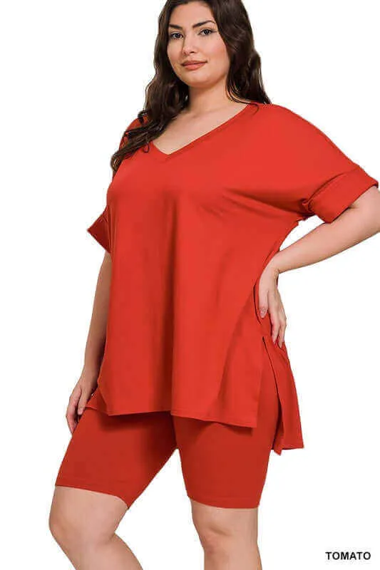 Plus Size Brushed DTY V Neck Top & Biker Shorts Set