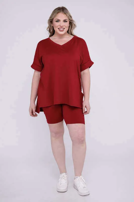 Plus Size Brushed DTY V Neck Top & Biker Shorts Set