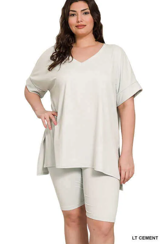 Plus Size Brushed DTY V Neck Top & Biker Shorts Set