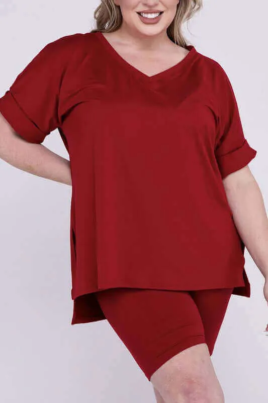 Plus Size Brushed DTY V Neck Top & Biker Shorts Set