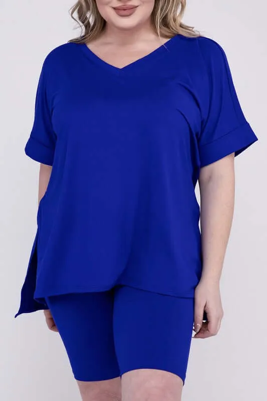 Plus Size Brushed DTY V Neck Top & Biker Shorts Set
