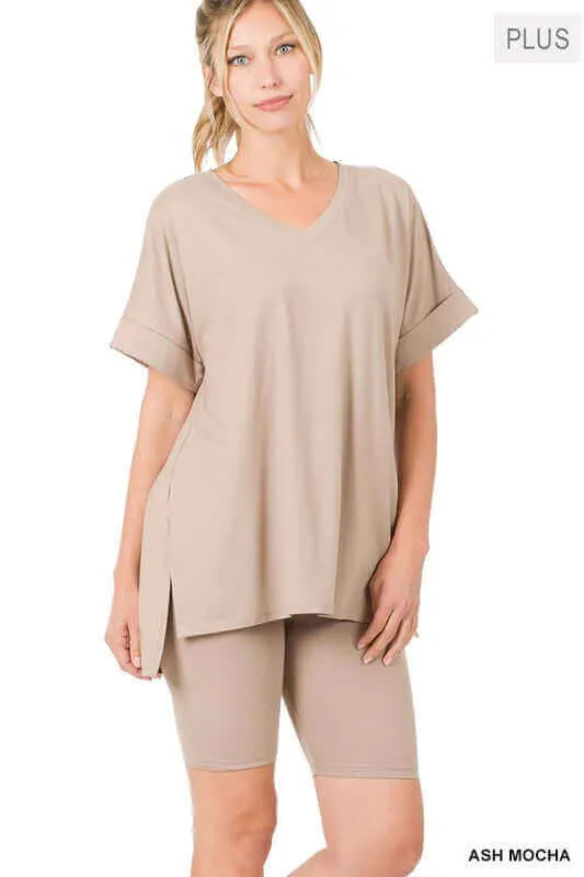 Plus Size Brushed DTY V Neck Top & Biker Shorts Set