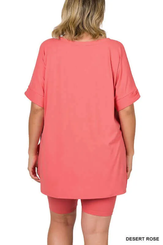 Plus Size Brushed DTY V Neck Top & Biker Shorts Set