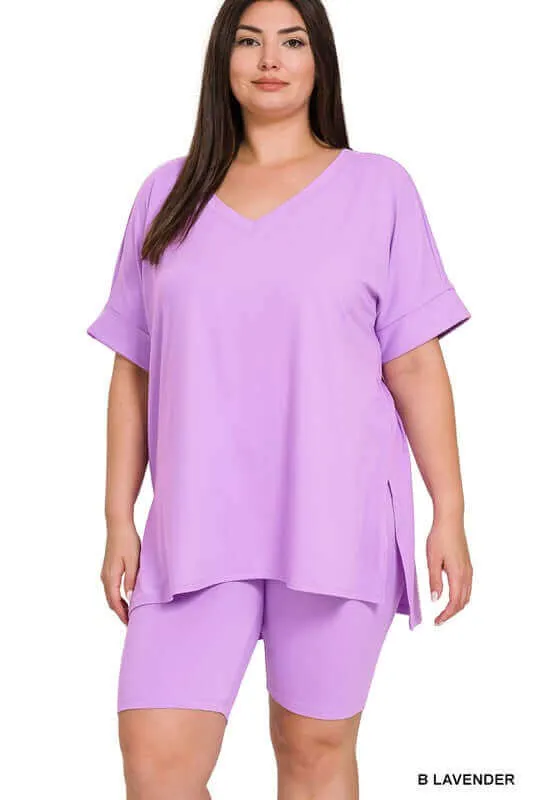 Plus Size Brushed DTY V Neck Top & Biker Shorts Set
