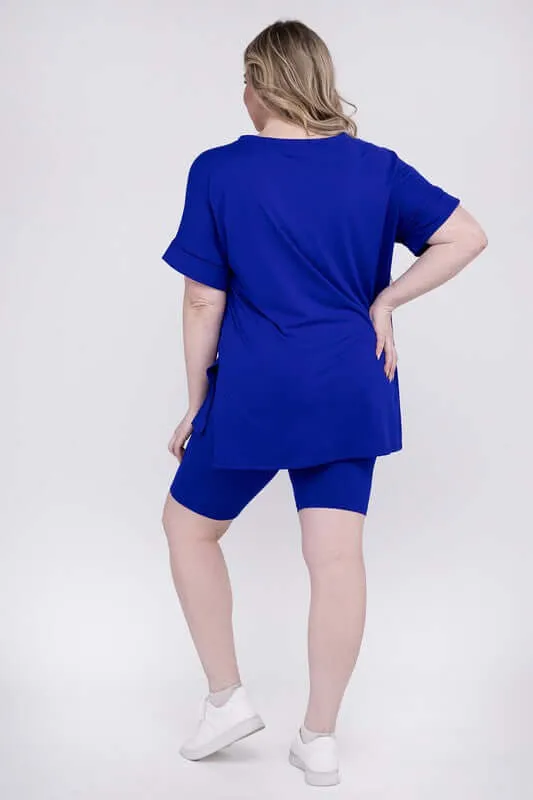 Plus Size Brushed DTY V Neck Top & Biker Shorts Set