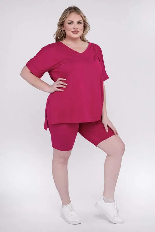 Plus Size Brushed DTY V Neck Top & Biker Shorts Set