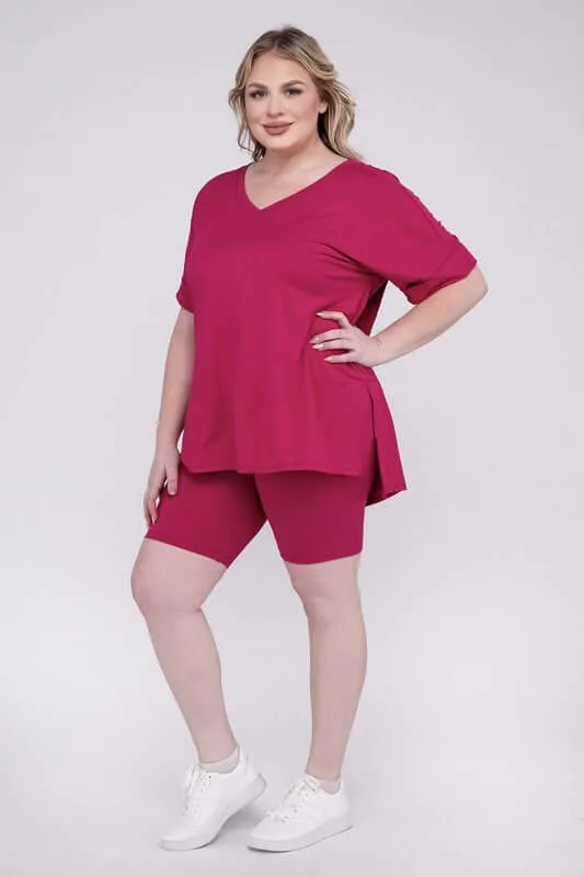 Plus Size Brushed DTY V Neck Top & Biker Shorts Set