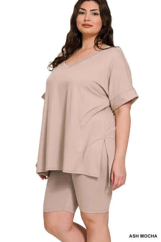 Plus Size Brushed DTY V Neck Top & Biker Shorts Set