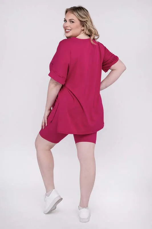Plus Size Brushed DTY V Neck Top & Biker Shorts Set