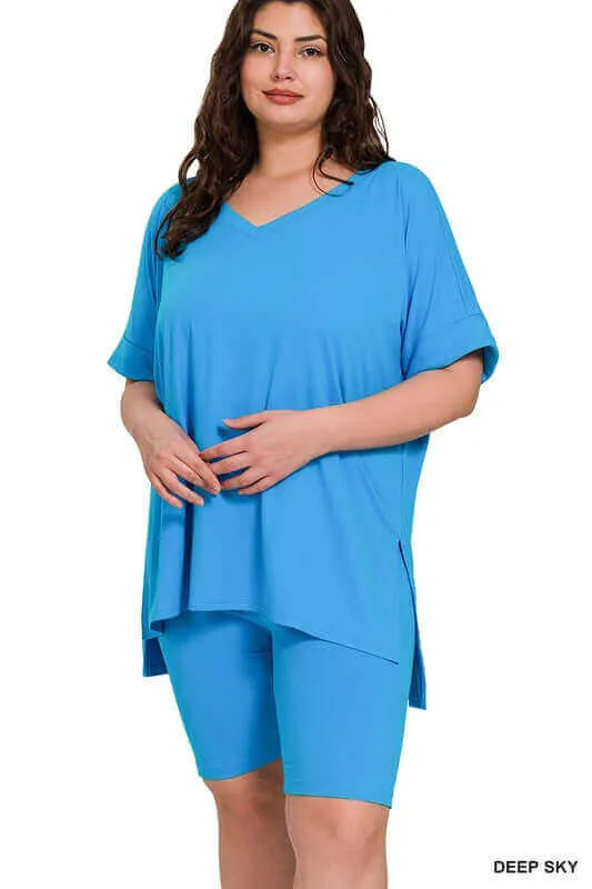 Plus Size Brushed DTY V Neck Top & Biker Shorts Set
