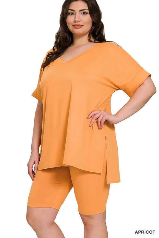 Plus Size Brushed DTY V Neck Top & Biker Shorts Set