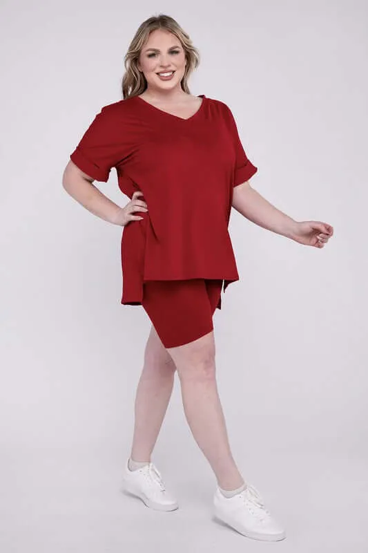 Plus Size Brushed DTY V Neck Top & Biker Shorts Set