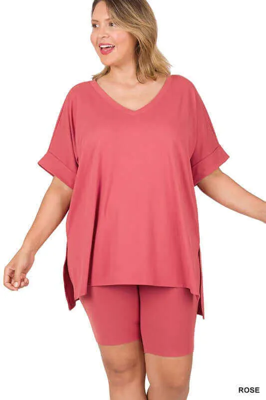 Plus Size Brushed DTY V Neck Top & Biker Shorts Set