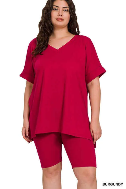 Plus Size Brushed DTY V Neck Top & Biker Shorts Set