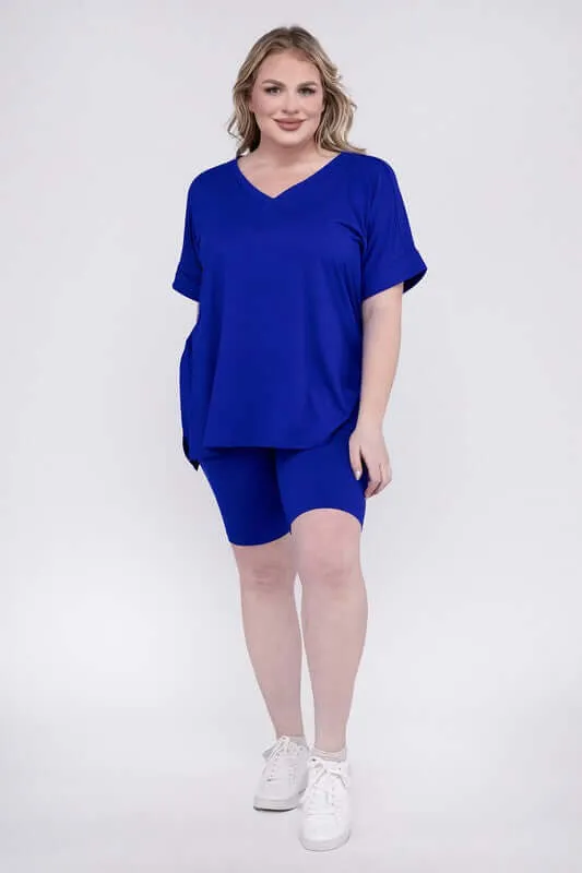 Plus Size Brushed DTY V Neck Top & Biker Shorts Set