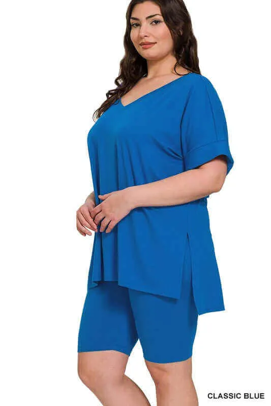 Plus Size Brushed DTY V Neck Top & Biker Shorts Set