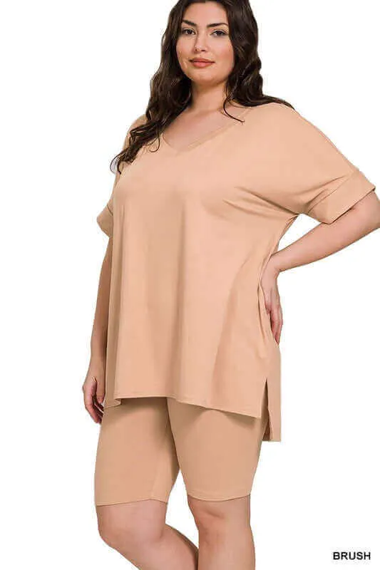 Plus Size Brushed DTY V Neck Top & Biker Shorts Set