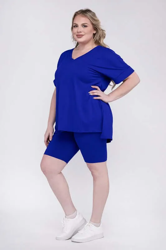 Plus Size Brushed DTY V Neck Top & Biker Shorts Set