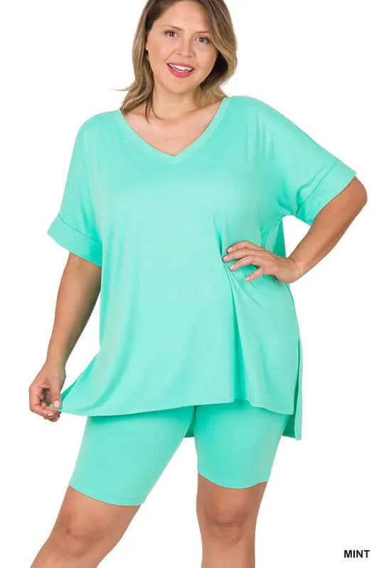 Plus Size Brushed DTY V Neck Top & Biker Shorts Set
