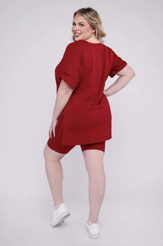 Plus Size Brushed DTY V Neck Top & Biker Shorts Set