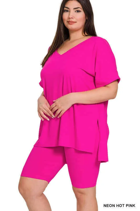Plus Size Brushed DTY V Neck Top & Biker Shorts Set