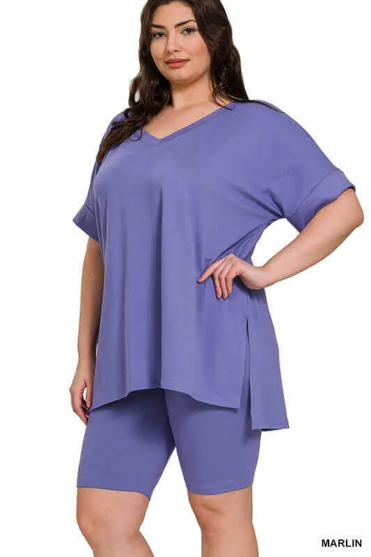 Plus Size Brushed DTY V Neck Top & Biker Shorts Set