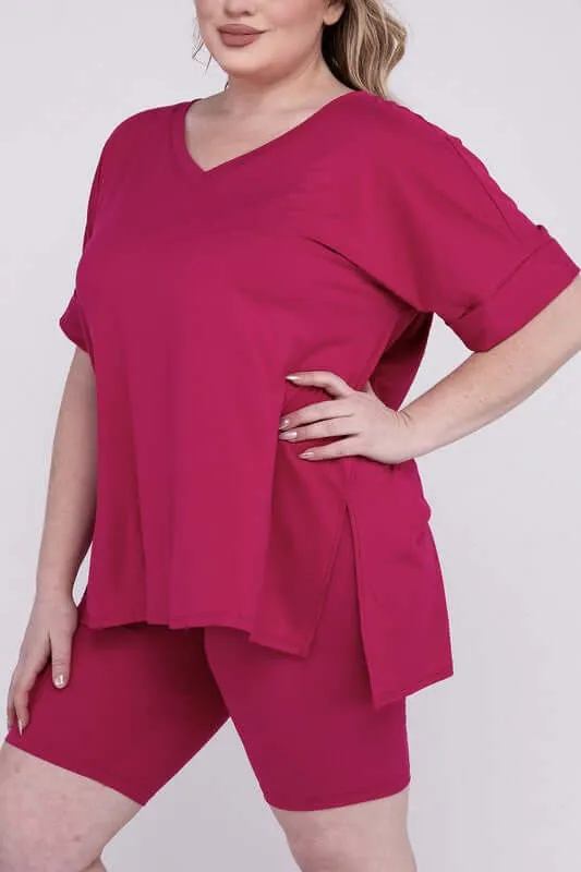 Plus Size Brushed DTY V Neck Top & Biker Shorts Set