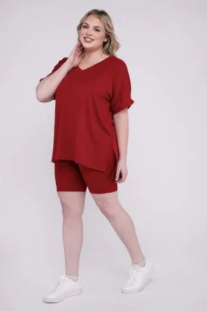 Plus Size Brushed DTY V Neck Top & Biker Shorts Set