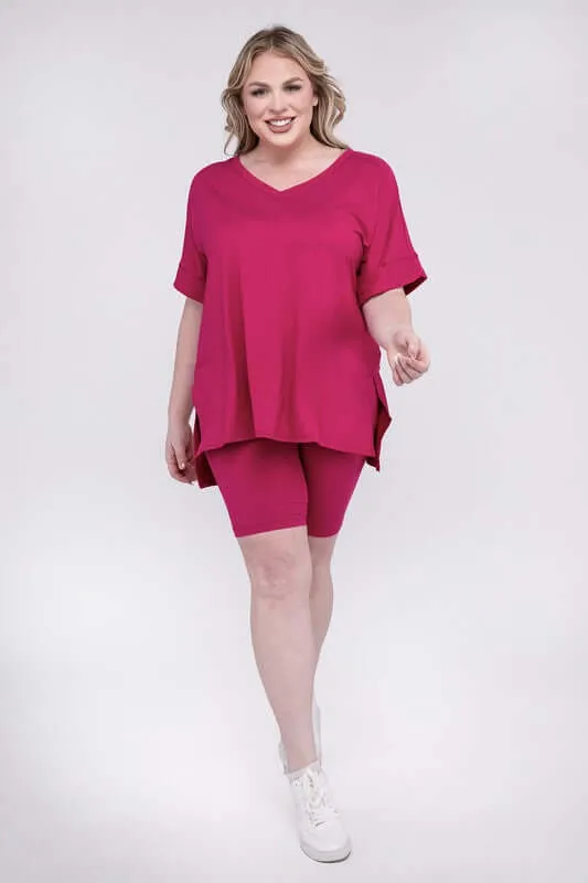 Plus Size Brushed DTY V Neck Top & Biker Shorts Set