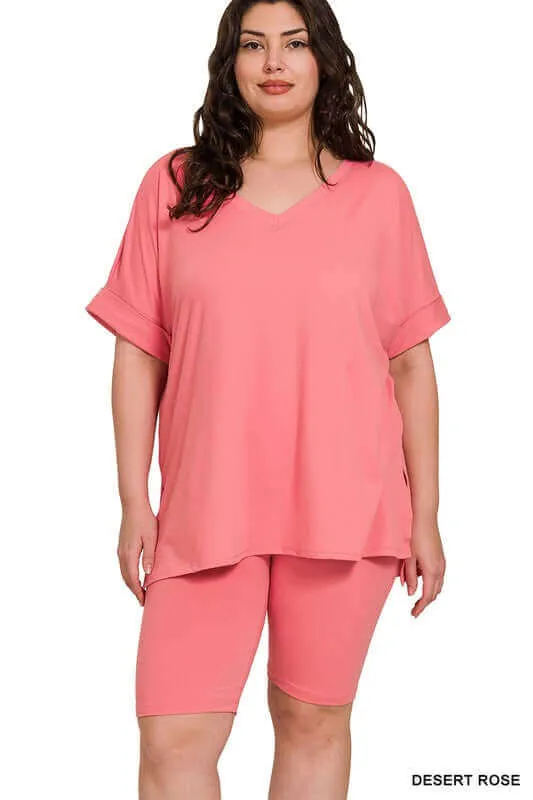 Plus Size Brushed DTY V Neck Top & Biker Shorts Set