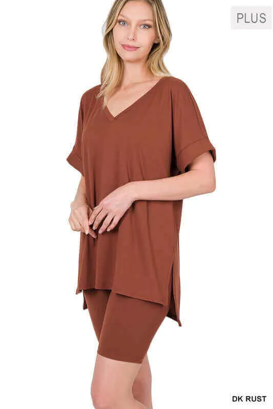 Plus Size Brushed DTY V Neck Top & Biker Shorts Set