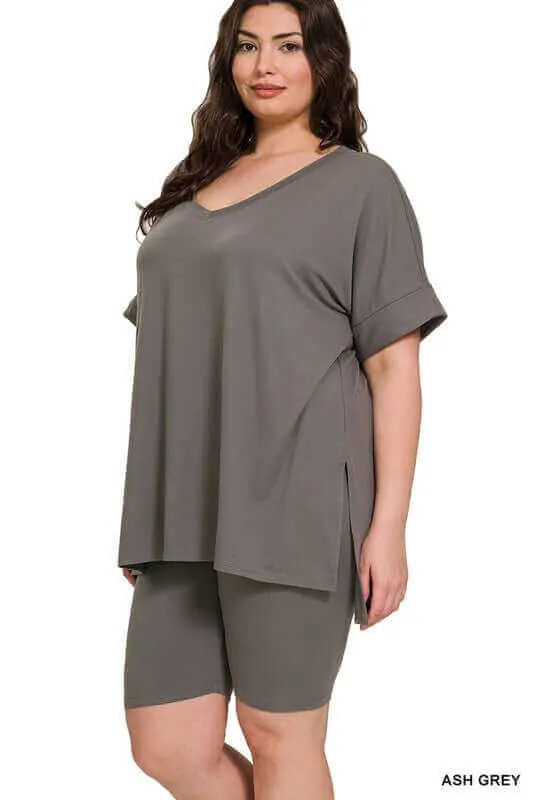 Plus Size Brushed DTY V Neck Top & Biker Shorts Set