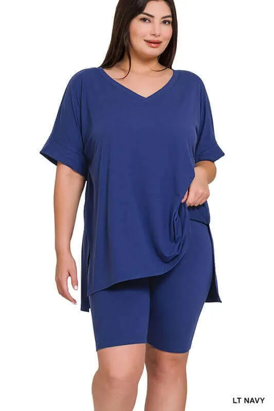 Plus Size Brushed DTY V Neck Top & Biker Shorts Set