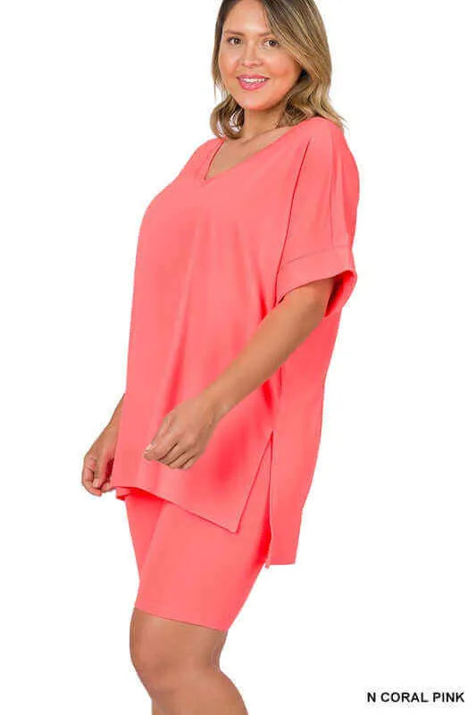 Plus Size Brushed DTY V Neck Top & Biker Shorts Set
