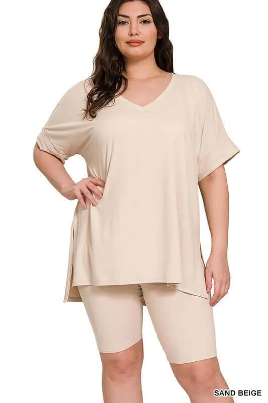 Plus Size Brushed DTY V Neck Top & Biker Shorts Set