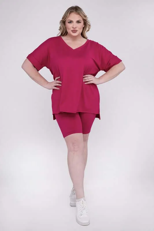Plus Size Brushed DTY V Neck Top & Biker Shorts Set