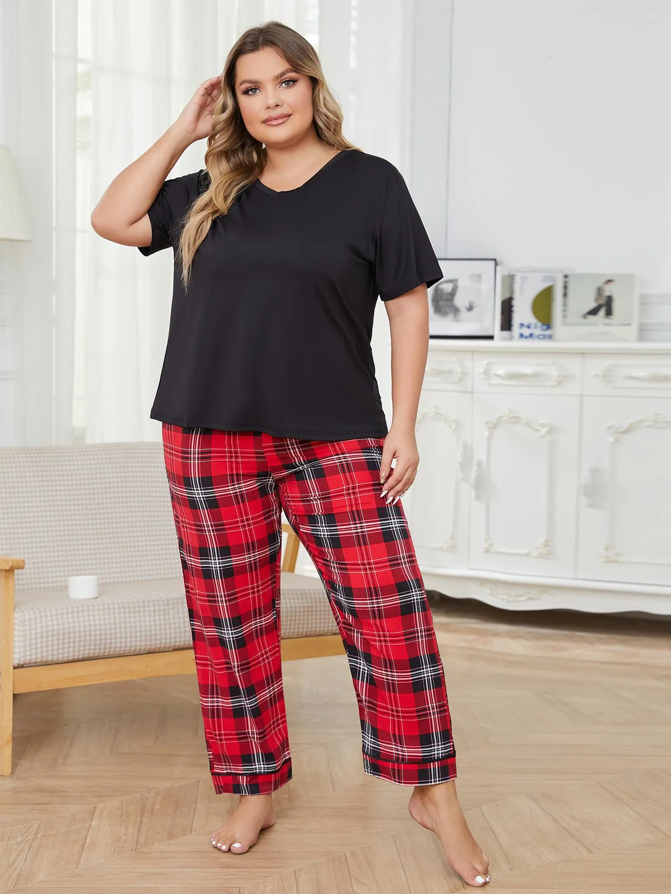 Plus Size Casual Plaid Trouser Pajama Set