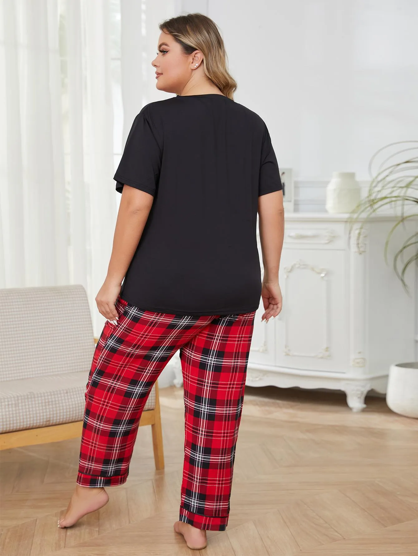 Plus Size Casual Plaid Trouser Pajama Set