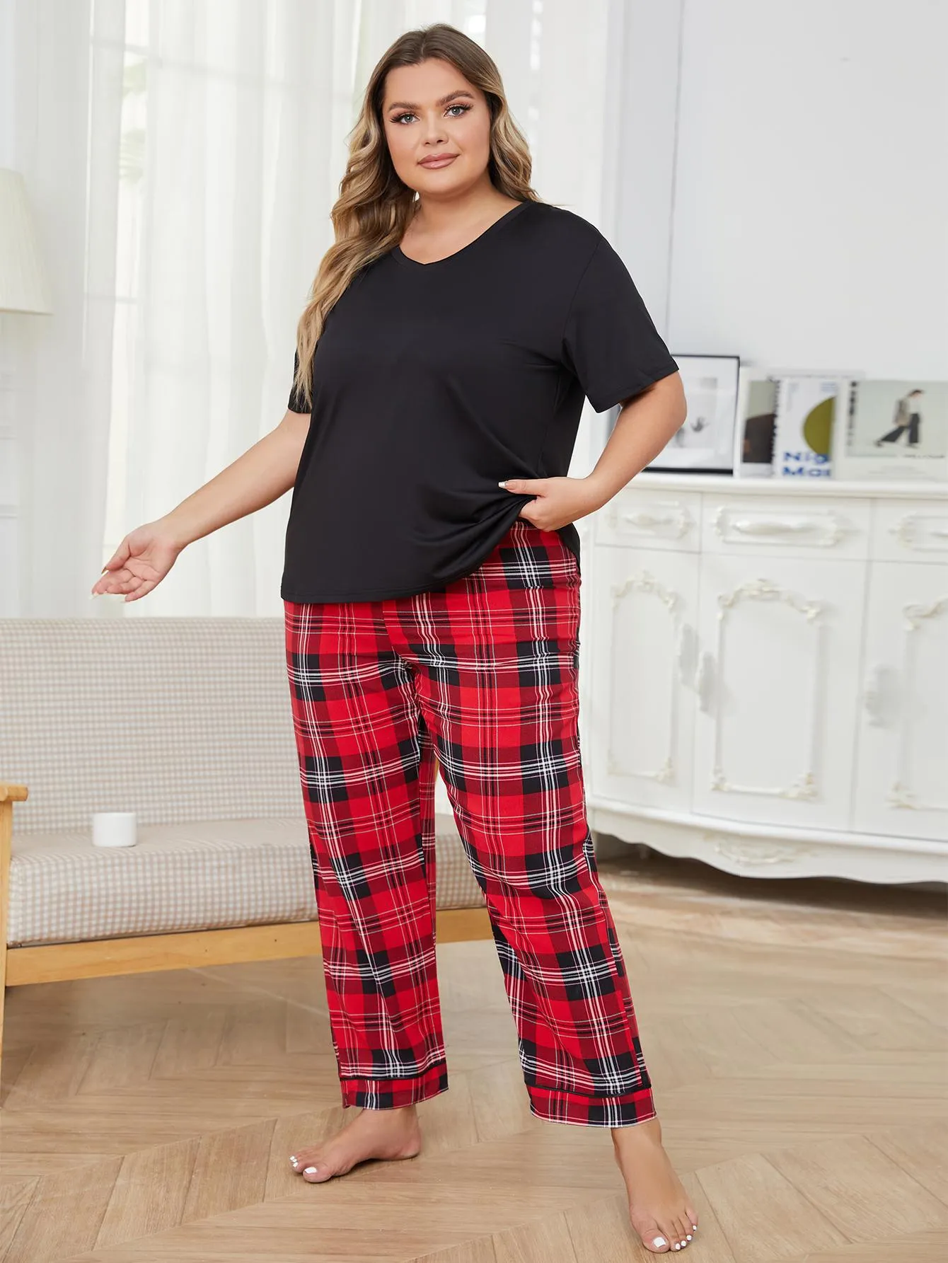 Plus Size Casual Plaid Trouser Pajama Set