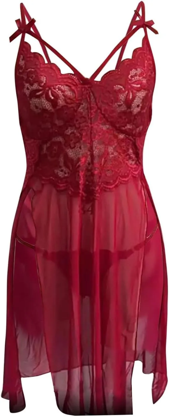 Plus Size Lingerie for Curvy Women 2 Piece Lace Embroidered Bodysuit Deep V Strappy Chemise with G String Thong Set