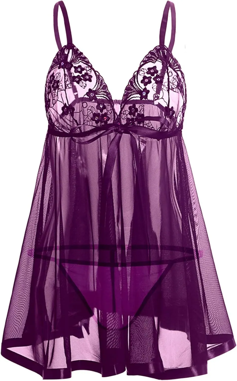 Plus Size Lingerie for Women Sheer Mesh Lace Nightdress See Through Sleepwear with Bow Knot Strap Chemise Teddy Purple