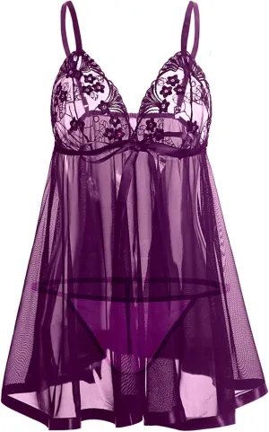 Plus Size Lingerie for Women Sheer Mesh Lace Nightdress See Through Sleepwear with Bow Knot Strap Chemise Teddy Purple