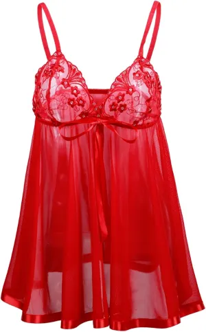 Plus Size Lingerie for Women Sheer Mesh Lace Nightdress See Through Sleepwear with Bow Knot Strap Chemise Teddy Red