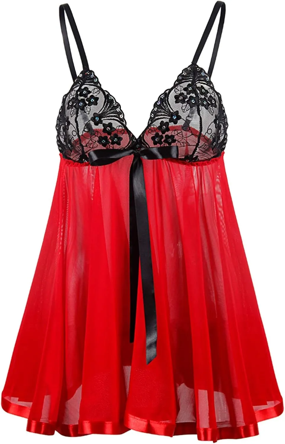 Plus Size Lingerie for Women Sheer Mesh Lace Nightdress See Through Sleepwear with Bow Knot Strap Chemise Teddy Wine