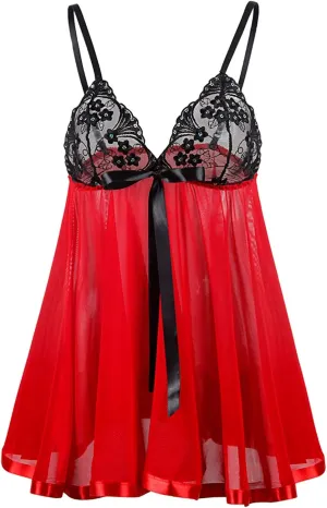 Plus Size Lingerie for Women Sheer Mesh Lace Nightdress See Through Sleepwear with Bow Knot Strap Chemise Teddy Wine