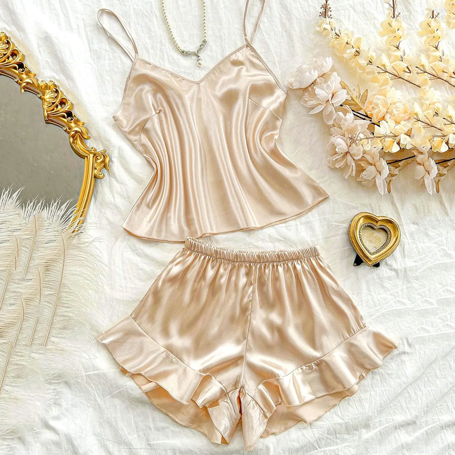 Plus Size Pajama Set for Women Satin Silk Summer Outfits Spaghetti Strap Camisole Ruffle Hem Lounge Shorts Sleepwear