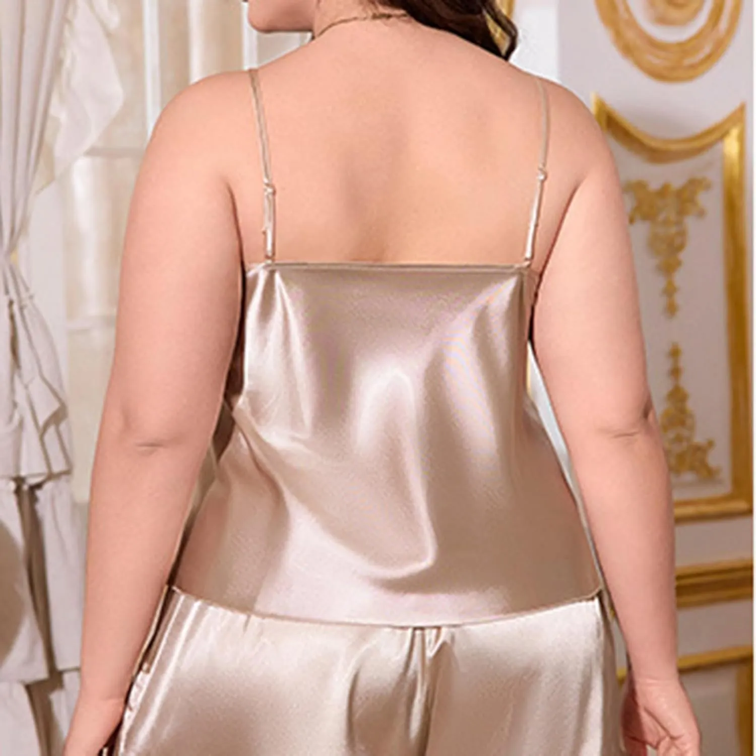 Plus Size Pajama Set for Women Satin Silk Summer Outfits Spaghetti Strap Camisole Ruffle Hem Lounge Shorts Sleepwear