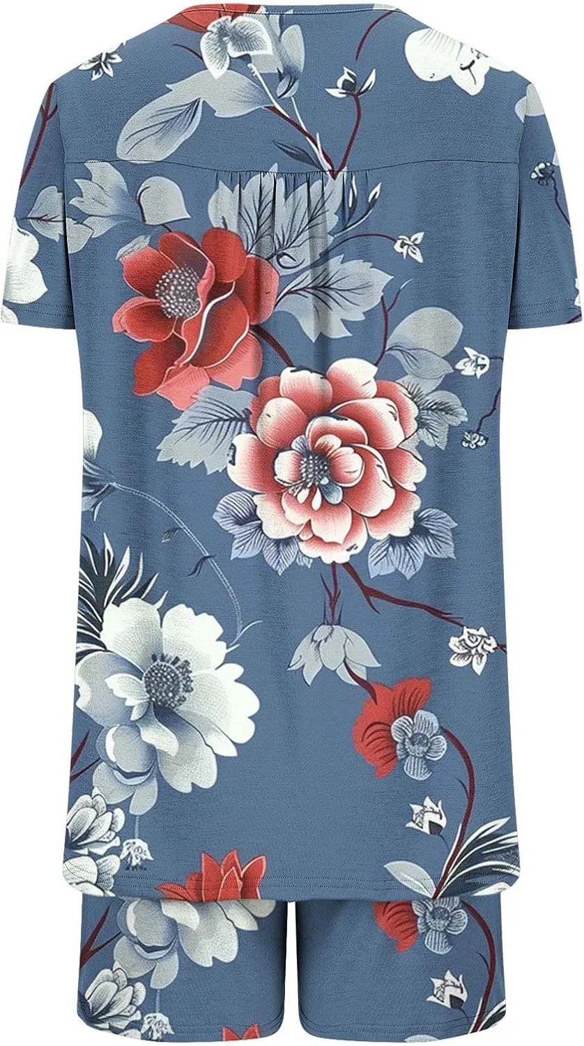 Plus Size Pajama Sets for Women Summer 2 Piece Floral Print Comfy Soft Sleepwear Sets Button Up Loungewear Pjs Outfits
